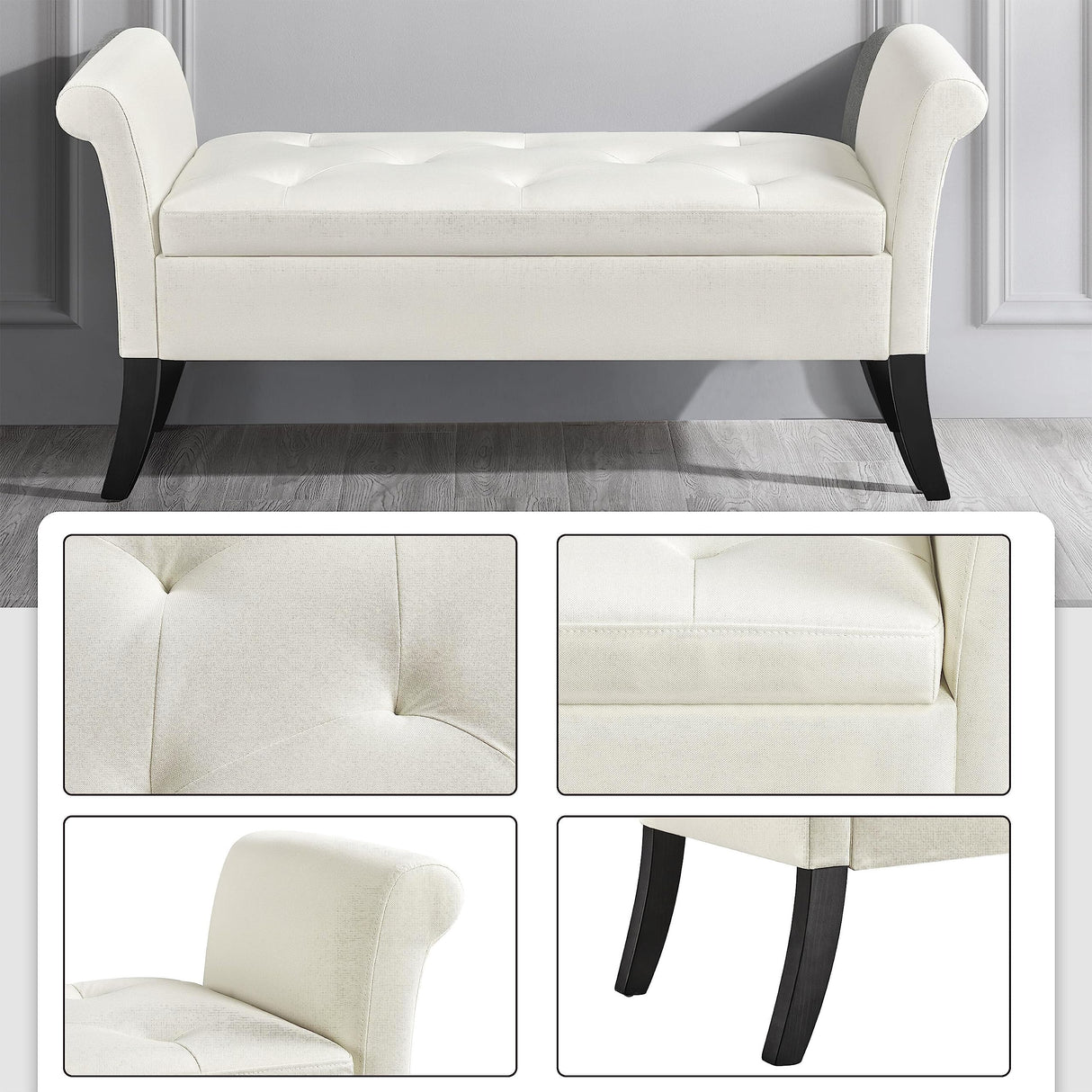 Yaheetech 52in Ottoman Bench Folding Storage Tufted Fabric Entryway with Arms Footstool Large Foot Rest Seat Rolled Cushioned Fresh White Yaheetech