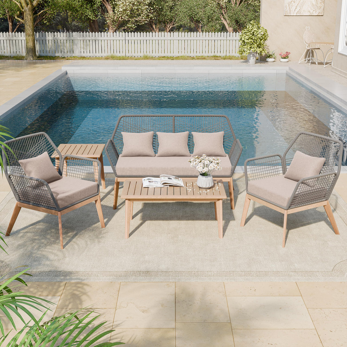 Kullavik Outdoor Patio Furniture Set,5 Pieces Indoor Rope Woven Sectional Sofa Set Modern Oak Patio Conversation Sets with Wooden Table for Balcony,Porch or Backyard,Sand Kullavik