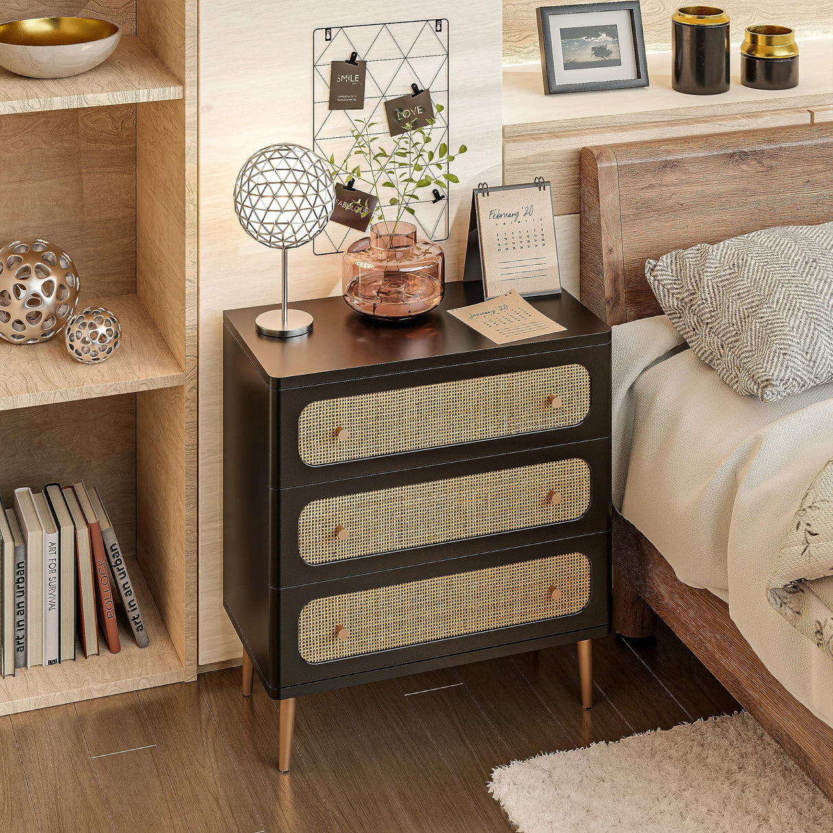 LONYKE Wicker Rattan Chest of Drawers, 3-Drawer Dresser, Black Finish Wooden Storage Cabinet, Modern Farmhouse Accent Table, Boho Mid-Century Coastal Sideboard LONYKE