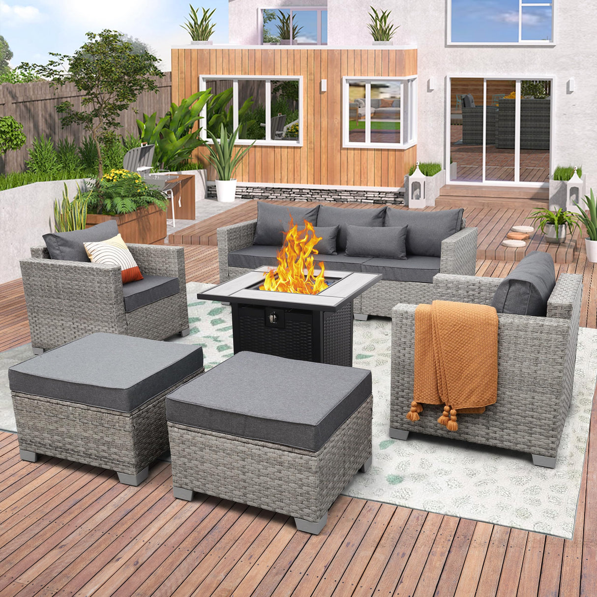 WAROOM Patio Furniture Set 6 Piece Outdoor Patio Set Grey Wicker Balcony Furniture Conversation Sets PE Rattan Couch Sofa with Fire Pit Table, Grey Cushion WAROOM