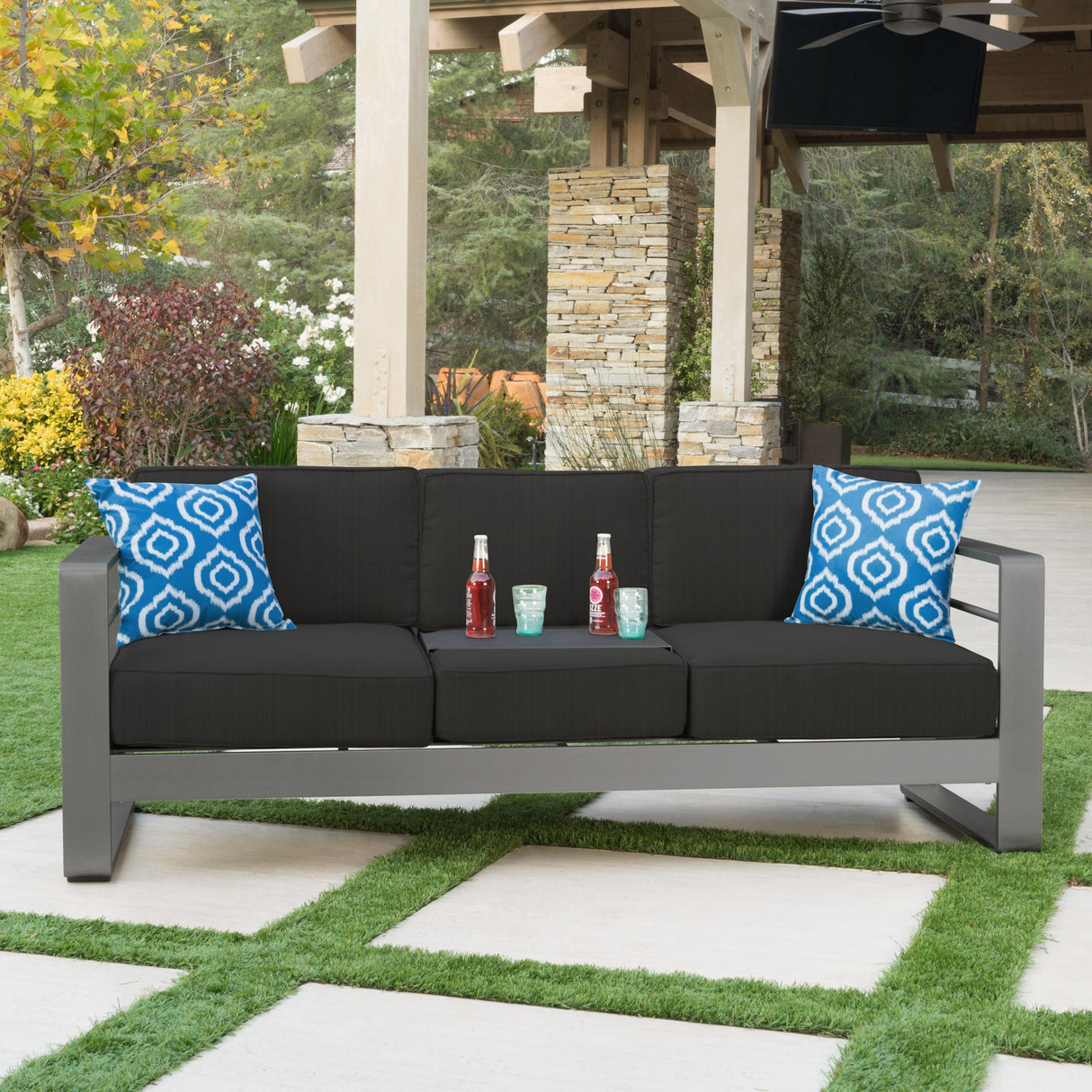Christopher Knight Home Capecora 3-Seater Sofa with Removable Tray Table, 76.25''W Convertible Aluminum Patio Couch with Cushions, Space-Saving Outdoor Seating for Garden Backyard Balcony, Dark Gray Christopher Knight Home