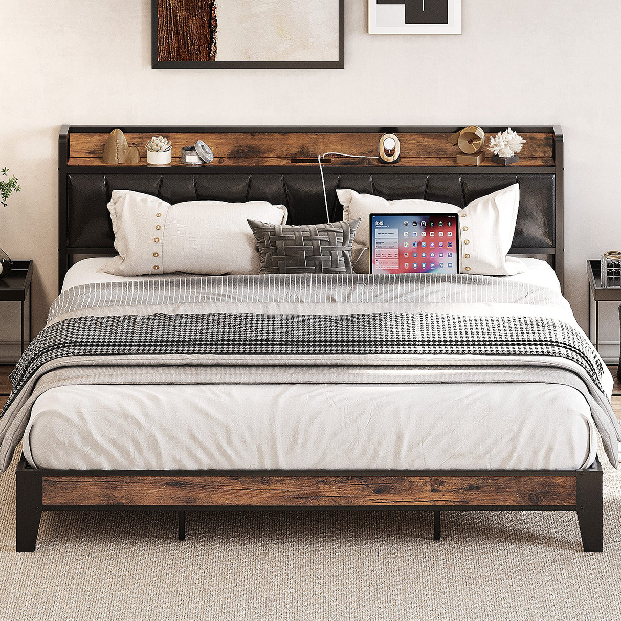 LIKIMIO Vintage Brown King Bed Frame with Storage Headboard and Charging Station LIKIMIO