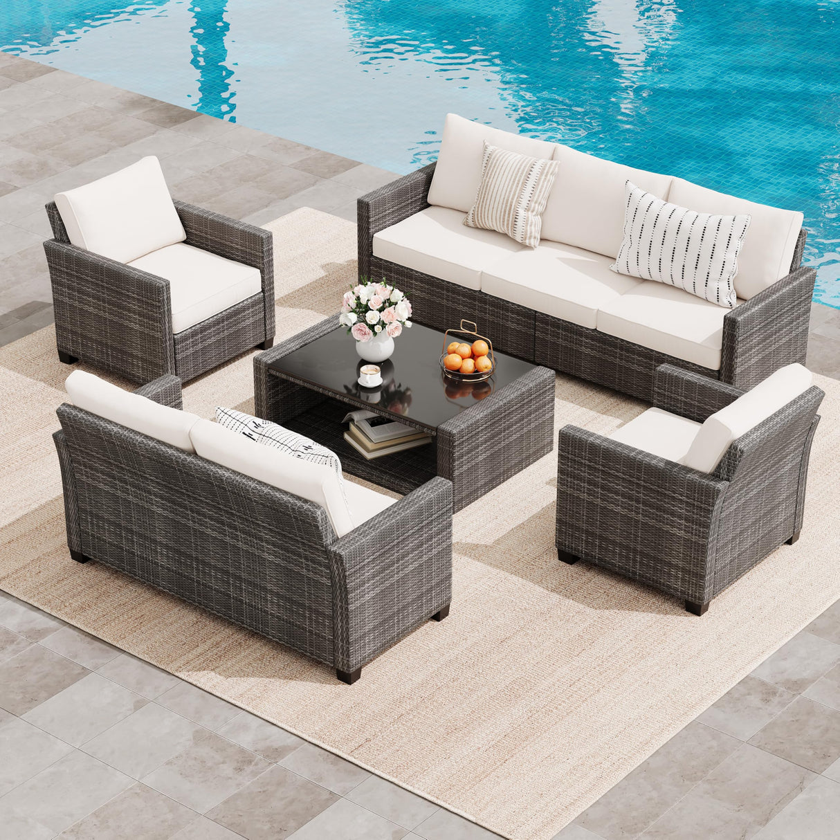Garvee Patio Furniture Set 5 Pieces, 7-Seat PE Rattan Wicker Outdoor Sectional Patio Conversation Set with Waterproof Cusions and Coffee Table, Grey Rattan and Beige Cushion Garvee