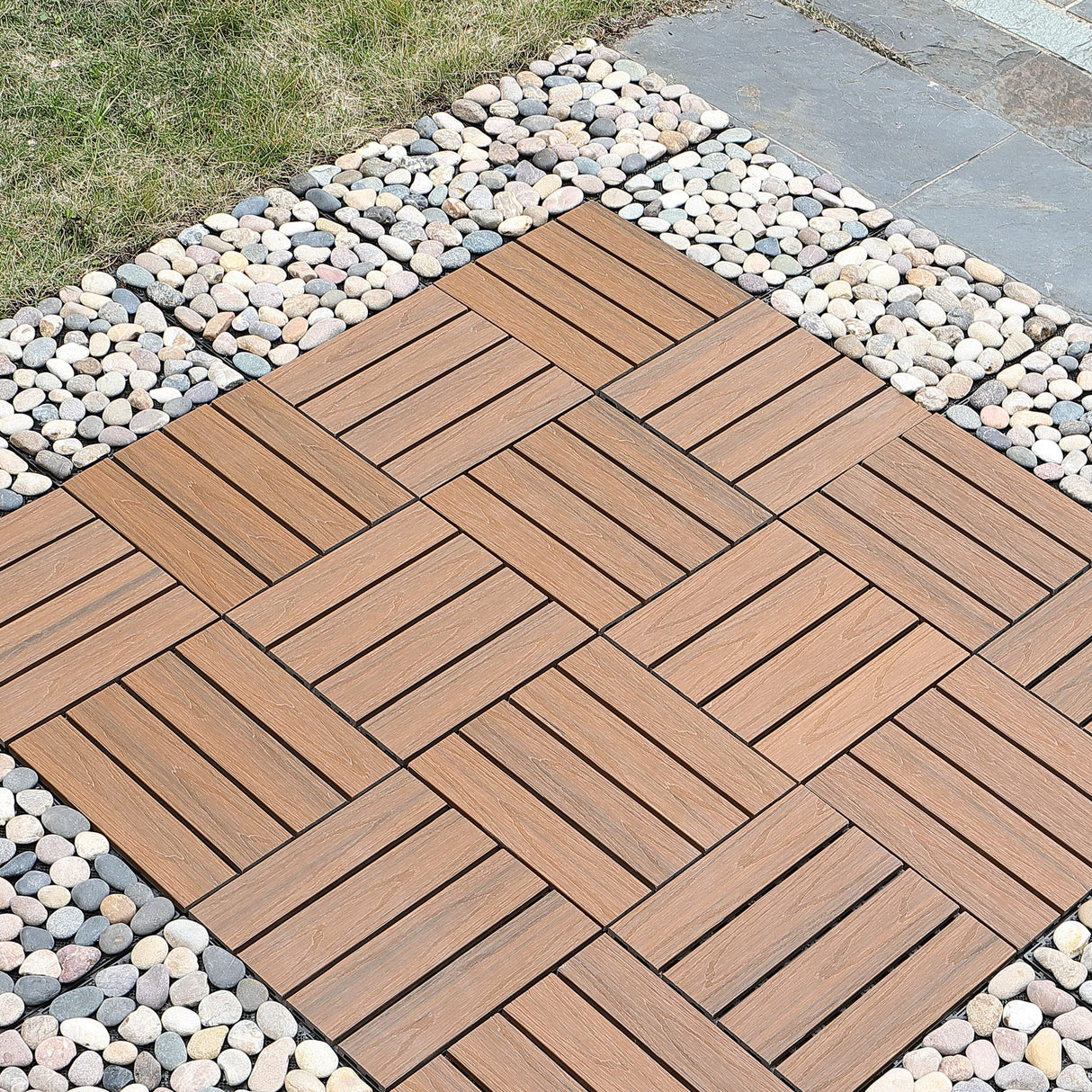 PURE ERA Wood Composite Interlocking Floor Deck Tiles Indoor Outdoor Use 12"x12" (10Pcs, 10 sq. Ft, Light Brown Maple Wood Pattern) - Great Upgrade to Patio Backyard Pathway PURE ERA