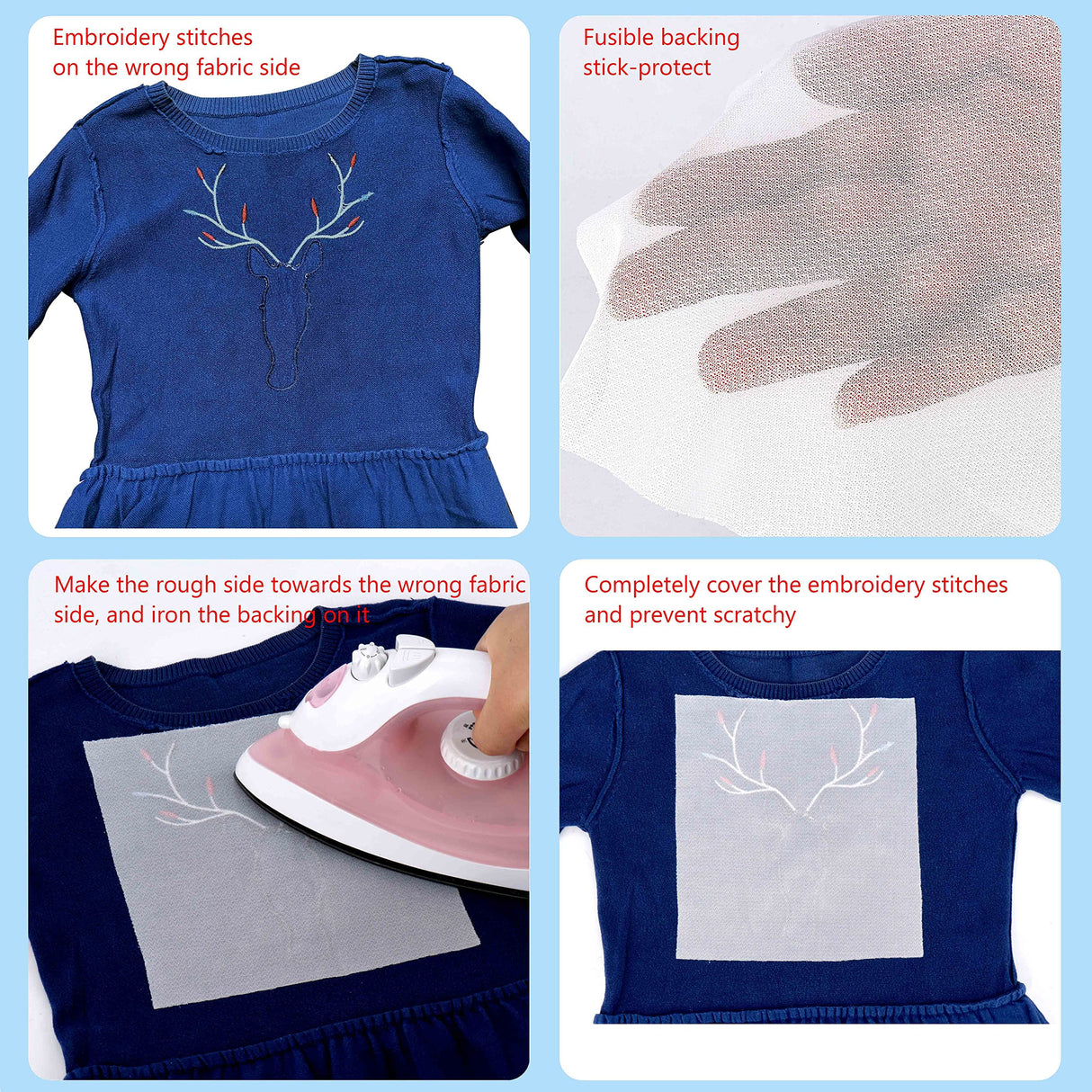 Simthread Fusible Iron-on Embroidery Backing Protect Flexible Knit Mesh Stabilizer - 7" x 7", 100 Precut Sheets, Prevent Scratchy Itchy from Embroidery Stitch Simthread