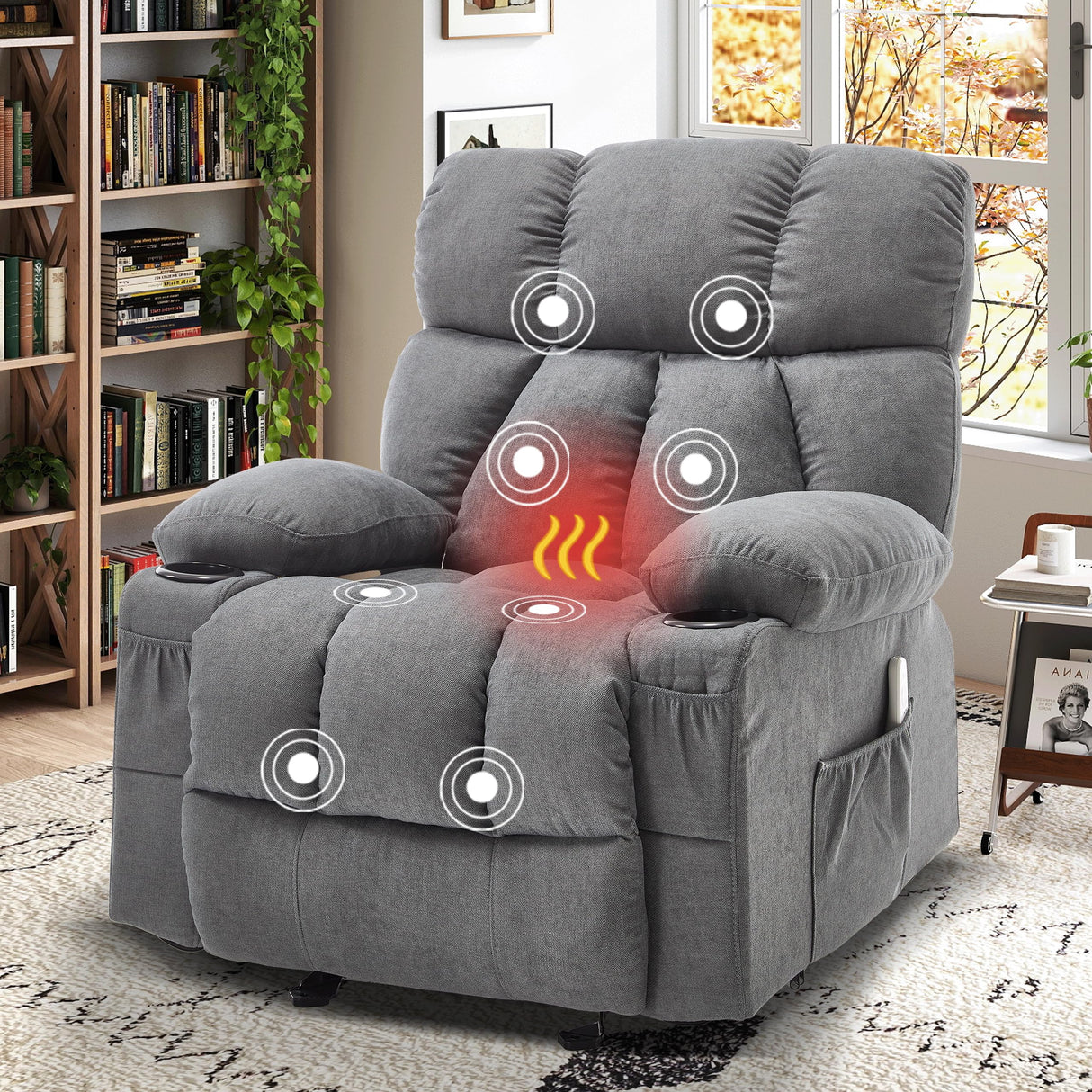 Massage Recliner Chair, Overstuffed Rocker Lazy Boy Chairs with Vibration&Gently Heat,Fabric Ergonomic Manual Nursery Chair for Living Room with Side Pocket, 2 Cup Holders&USB Charge Port, Grey KRESTLUX