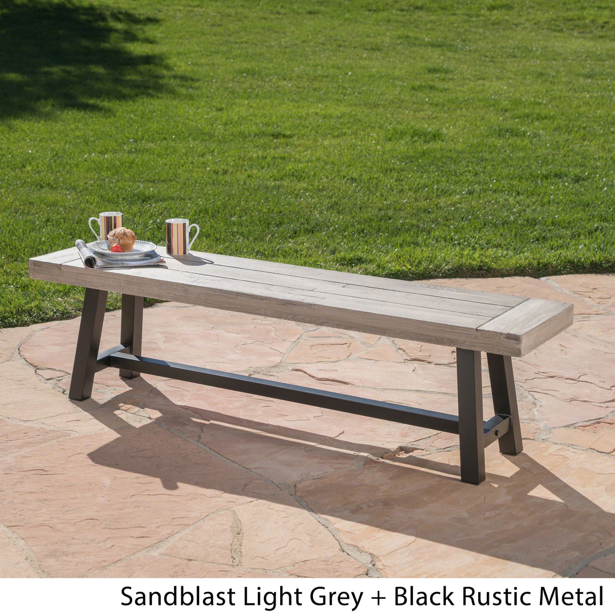 Great Deal Furniture Cassie Outdoor Light Grey Sandblast Finish Acacia Wood Dining Bench with Black Rustic Metal Finish Frame GDFStudio