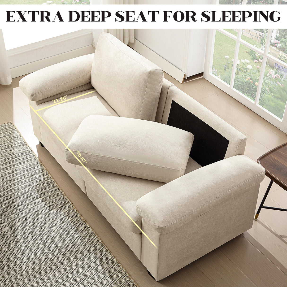 jonpony 71" W Loveseat Sofa, Modern Couch with Wide Armrests, Extra Deep Love Seats for Living Room, Overstuffed Lounge Sofa with Comfy Fabric, Removable Cover Spring Cushions, Beige jonpony