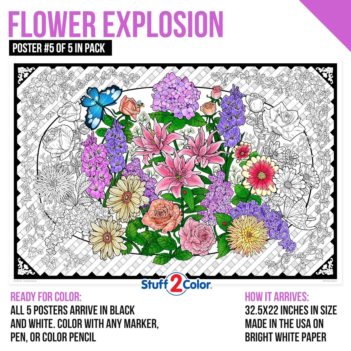 Stuff2Color Giant Coloring Poster 5 Pack - Big 32.5 x 22 Inch Line Art Coloring Posters - Great for Family Time, Kids, Classrooms, Care Facilities, Arts and Crafts Projects, and Group Activities Stuff2Color