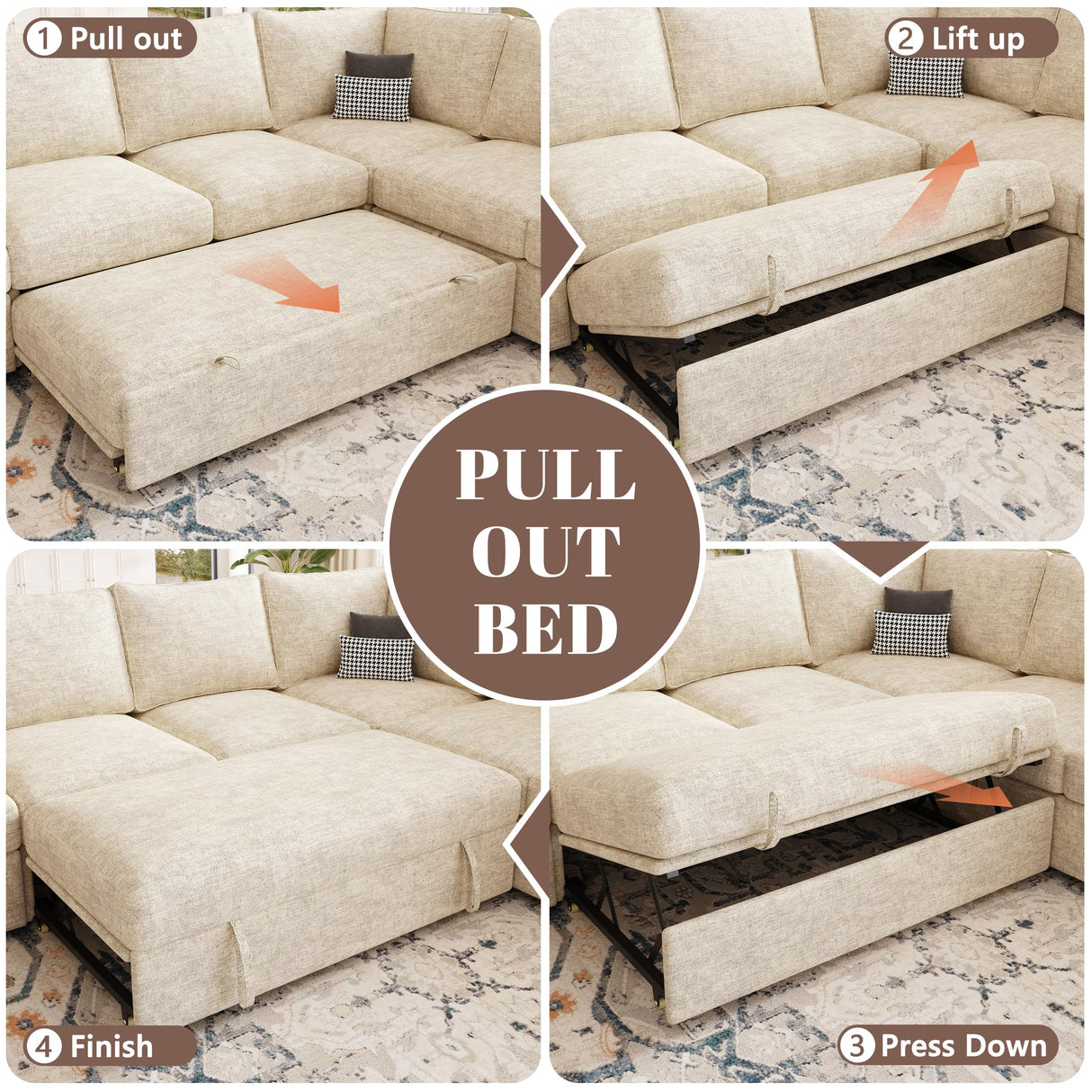 SUAWY 108 Inch Modular Sectional Sofa with Pull Out Bed,U Shaped 7 Seat Sectional Sleeper Sofa with Storage,Sectional Couches for Living Room,Cloud Modular Couch,Removable Sofa Cover,Beige SUAWY