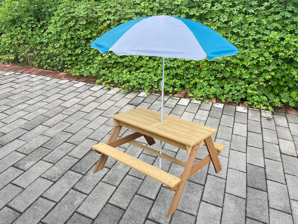 BTExpert Kids 3-in-1 Sand Water Activity Table Wooden Outdoor Convertible Picnic Table Bench Adjustable Umbrella Removable Top 2 Play Boxes Toy Set 37 x 35 in BTEXPERT
