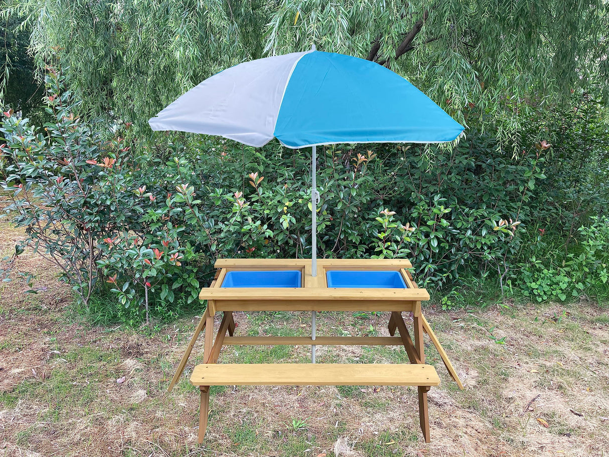 BTExpert Kids 3-in-1 Sand Water Activity Table Wooden Outdoor Convertible Picnic Table Bench Adjustable Umbrella Removable Top 2 Play Boxes Toy Set 37 x 35 in BTEXPERT