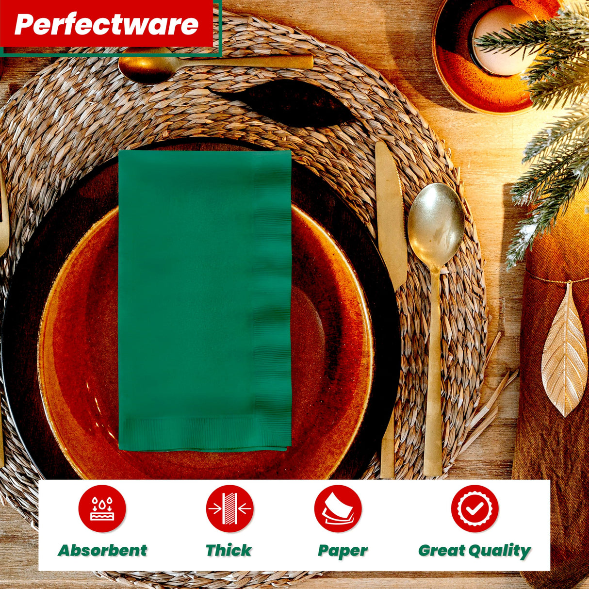 Perfectware 2PLY Christmas Paper Dinner Napkins. Pack of 100CT in Green and Red. 15 x 17 Paper Dinner Napkin Set Perfectware
