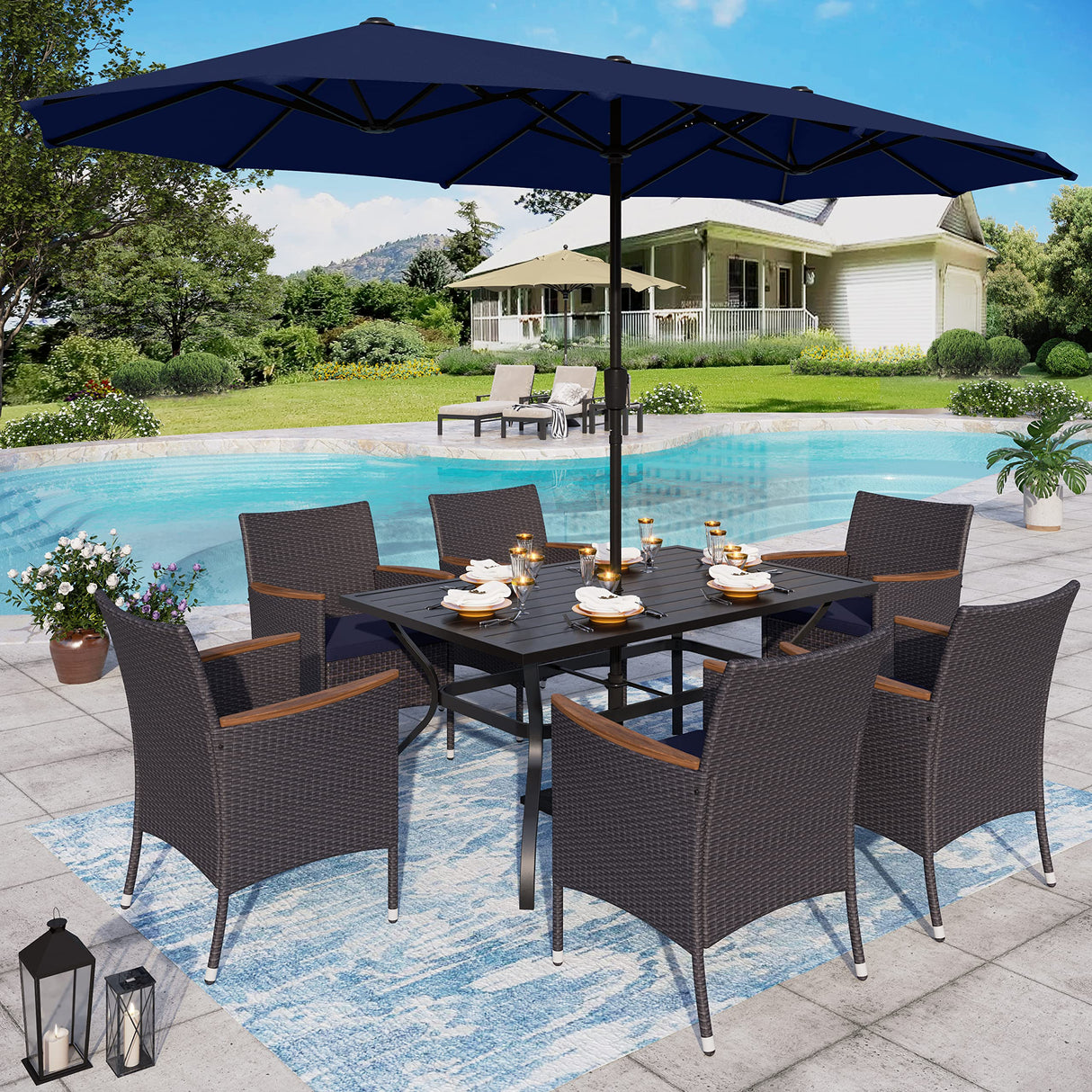 Sophia & William 7 Pieces Patio Dining Set with 13ft Navy Patio Umbrella, Outdoor Dining Set for 6 People, 60” Metal Patio Table and Rattan Chairs, Outdoor Patio Furniture with Seat Cushion Sophia & William