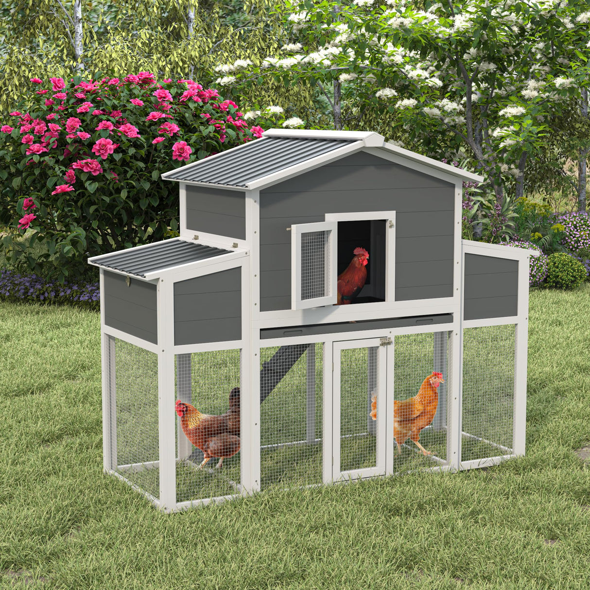 Wooden Chicken Coop for 2-6 Chickens, Outdoor Chicken House with Run & 2 Nest Boxes, Outside Hen House Poultry House Pet Hutch Chicken Cage with Waterproof Roof & Ramp, (66''LX32''WX53''H) Sunnibety