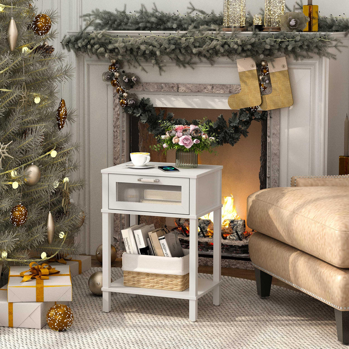 Nightstand Wooden Bedside Table with Drawer White Night Stands Modern Style Small End Table Side Table with Storage Shelf for Bedroom Living Room MLBZ10W MMEOLUOOK