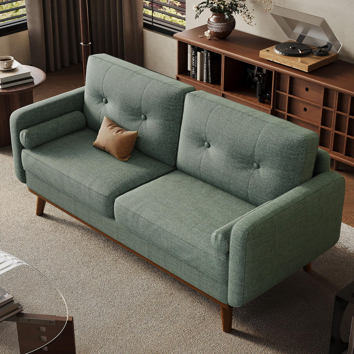 GarveeHome 65 in Loveseat Sofa, Mid Century Modern Couch Comfy Love Seat Couches for Living Room, 2 Seater Deep Seat Couch Linen Upholstered Couches for Bedroom Office Small Space, Green GarveeHome