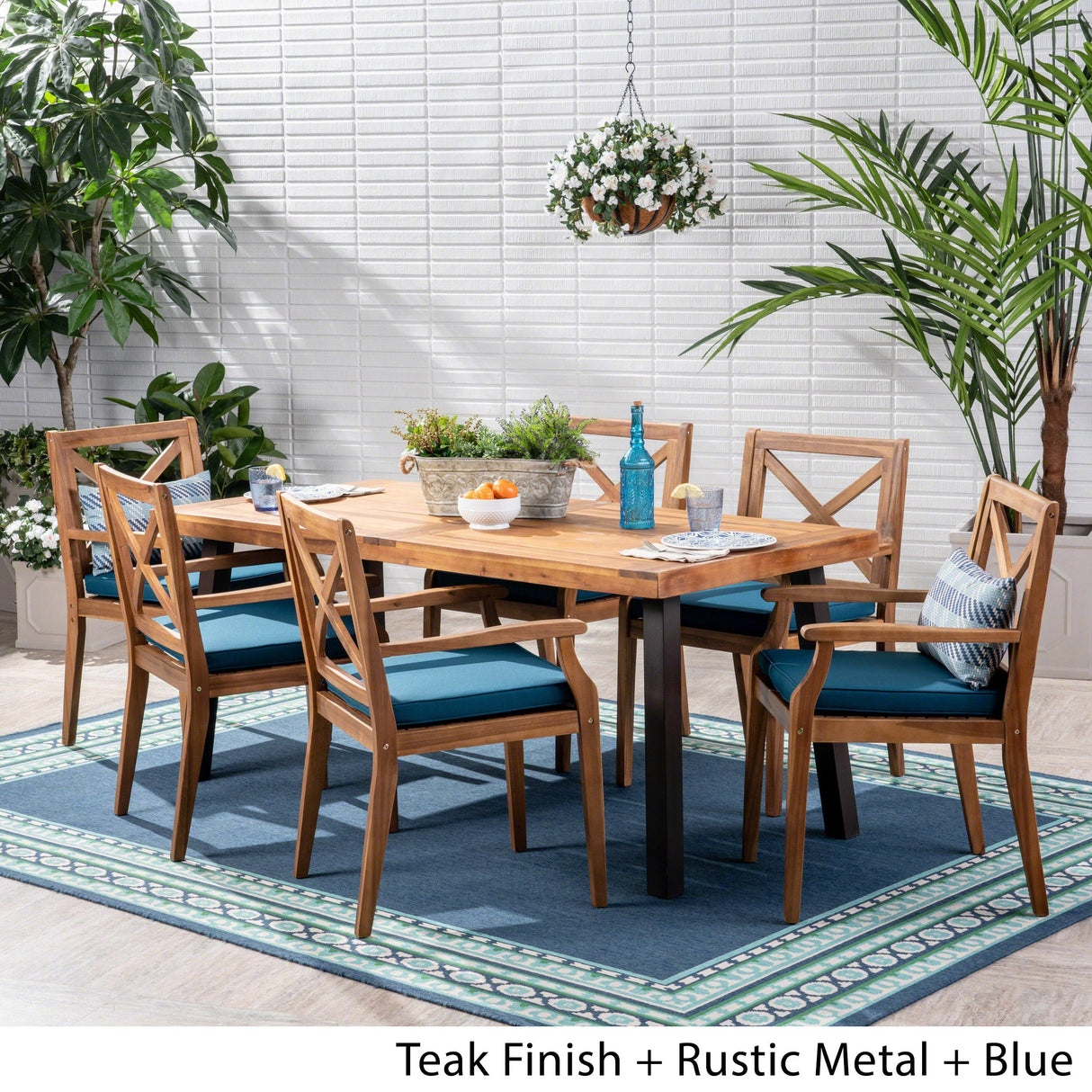 Christopher Knight Home Justin Outdoor 7 Piece Acacia Wood Dining Set, Teak Finish/Rustic Metal/Blue Christopher Knight Home