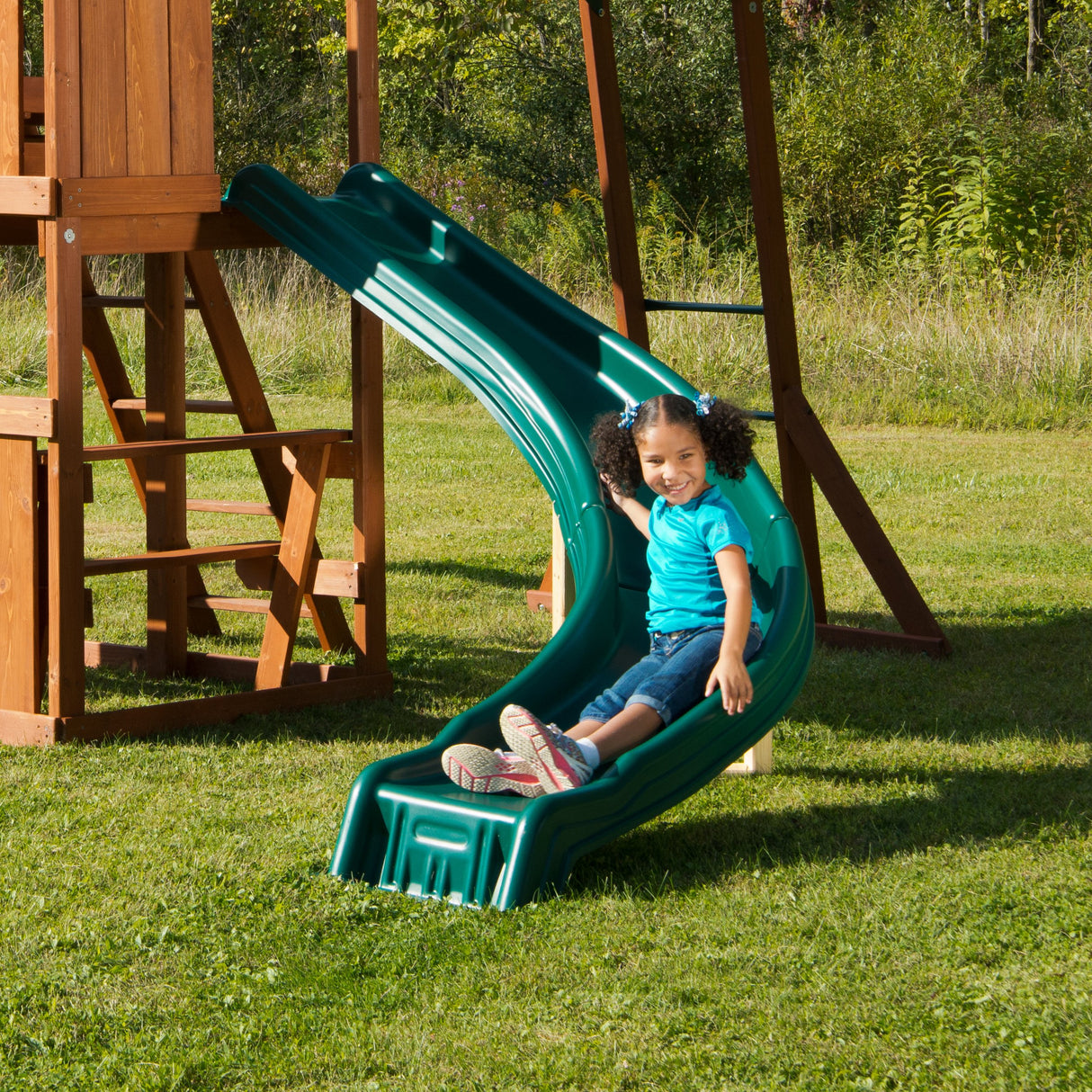Swing-N-Slide PB 8272 Cedar Brook Wooden Swing Set Play Set with Two Swings, Slide, Monkey Bars, Picnic Table & Glider, Green Swing-N-Slide