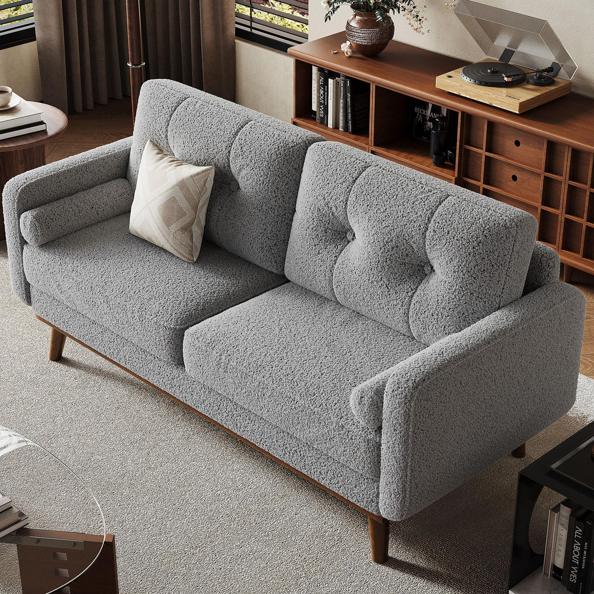 GarveeHome 65 in Loveseat Sofa, Mid Century Modern Couch Comfy Love Seat Couches for Living Room, 2 Seater Deep Seat Couch Teddy Fleece Boucle Upholstered Couches for Bedroom Office Small Space, Grey GarveeHome