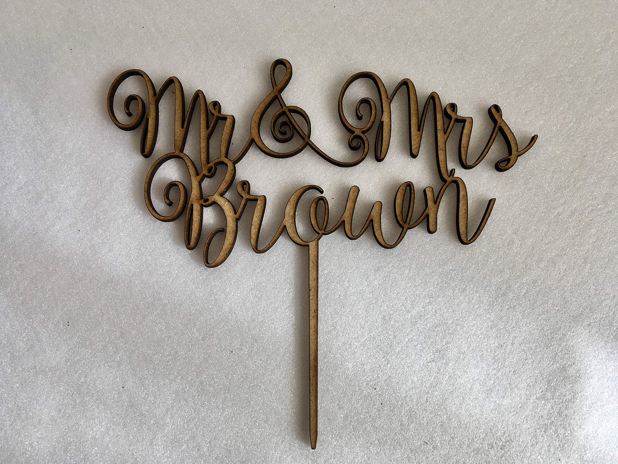 Mr and Mrs Wedding Cake Topper, Custom Rustic Decoration, Personalized Calligraphy Wooden Cupcake with Your Last Name, Customized Topper, Bride & FranJohnsonHouse