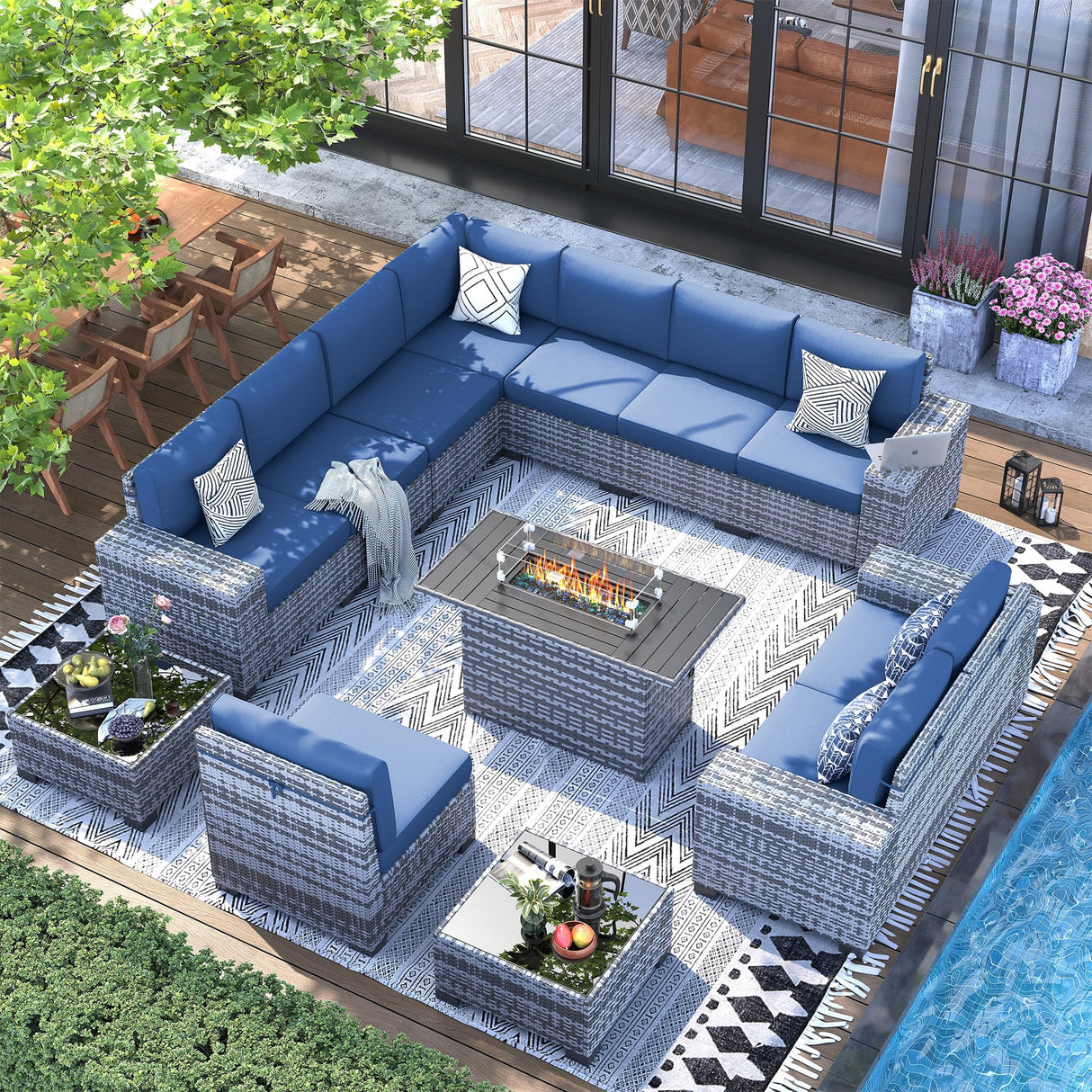 UDPATIO 13 Piece Patio Furniture Set with Fire Pit Table, 8''Wide Armrest Modular Rattan Outdoor Sectional Sofa Set,Wicker Patio Conversation Sets for Backyard,Deck w/ 4'' Cushions,Cover(Grey/Blue) UDPATIO