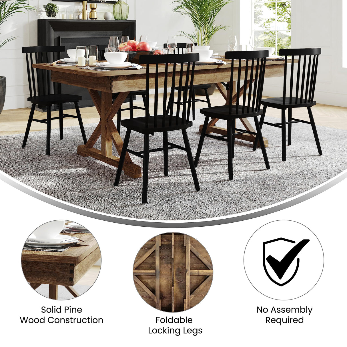 EMMA + OLIVER Elora Folding Farmhouse Dining Room Table with Crisscross Legs, Commercial Grade Rectangular Solid Pine Farm Table for 8, 7' x 40", Antique Rustic EMMA + OLIVER