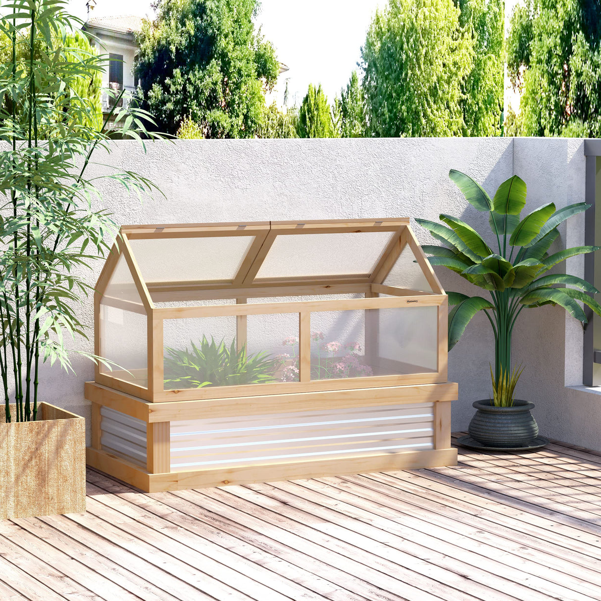 Outsunny Raised Garden Bed with Polycarbonate Greenhouse, Wooden Garden Cold Frame Greenhouse, Flower Planter Protection, 48" x 24" x 32", Natural Outsunny