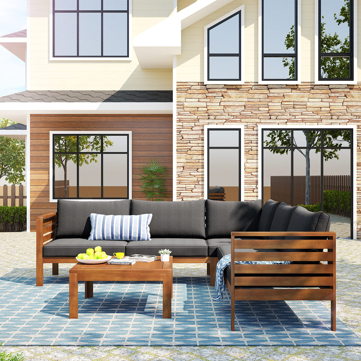 AOCHUANG Eucalyptus Wood 4 Piece Sectional Sofa Set Coffee Table Removable Cushion,Patio Seating Group L Shape Corner Garden Backyard Poolside (Natural Wood+Gray), 58.7inch x 27.6inch 25.1inch(L W H) AOCHUANG