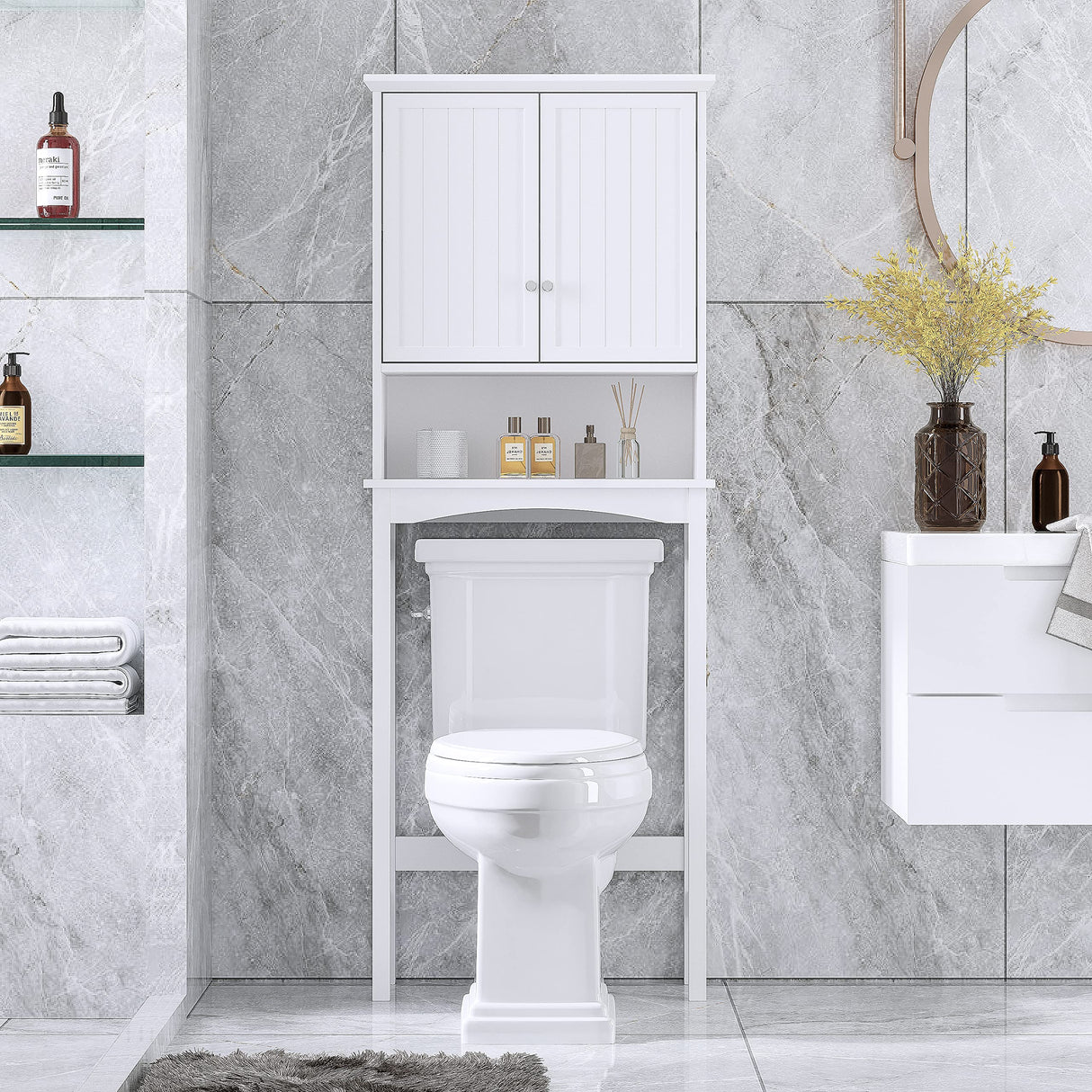 UTEX Over The Toilet Storage Cabinet, Bathroom Above Toilet Cabinet Organizer with Adjustable Shelves, White UTEX