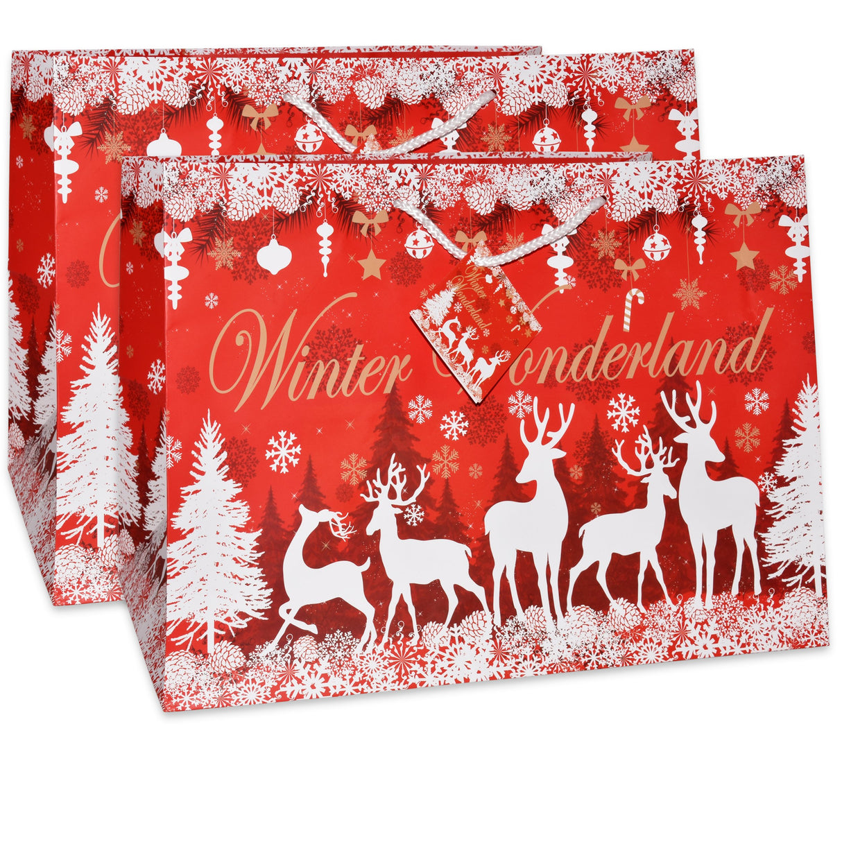Gift Boutique 12 Jumbo Christmas Tote Bags with Handles 15" Wide X 11" High X 11" Deep Extra Wide Large Giant Reusable Grocery Shopping Paper Bags Big Gusset for Food Cookie Container & Foil Tin Pan Gift Boutique