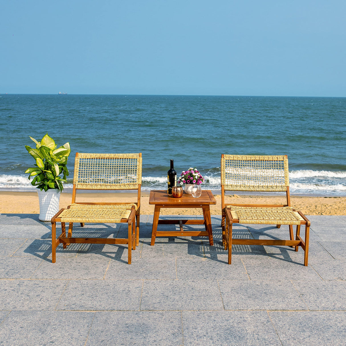 SAFAVIEH Outdoor Collection Casella Acacia Wood/Light Brown 5-Piece Patio Set PAT7077A, Natural/Natural Safavieh