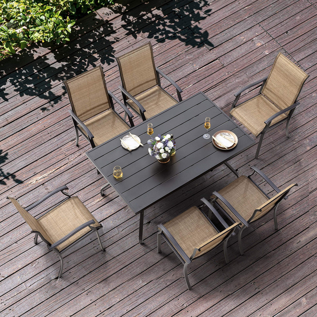 NUU GARDEN 7 Pieces Patio Dining Set, All-Weather Outdoor Furniture with 6 Textilene Dining Chairs and 61" Rectangle Metal Dining Table with Umbrella Hole for Patio Deck Garden, Black and Brown NUU GARDEN