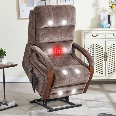Power Lift Recliner Chair for Elderly People, Dual Motor Lift Chair with Vibration Massage and Heat, Lay Flat Recliner with Solid Wood Armrest, Standing Assistance Reclining, Chenille Fabric Brown