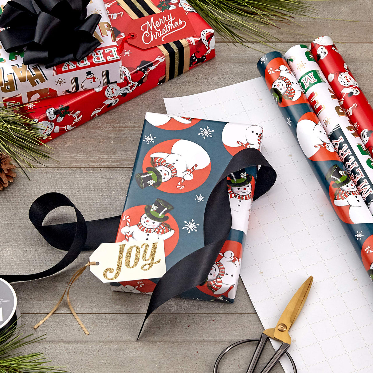 Hallmark Vintage Christmas Wrapping Paper Cut Lines on Reverse (3 Rolls: 120 sq. ft. ttl) Dancing Santas, Classic Snowman, "Merry, Jolly, Happy, Peace" Hallmark