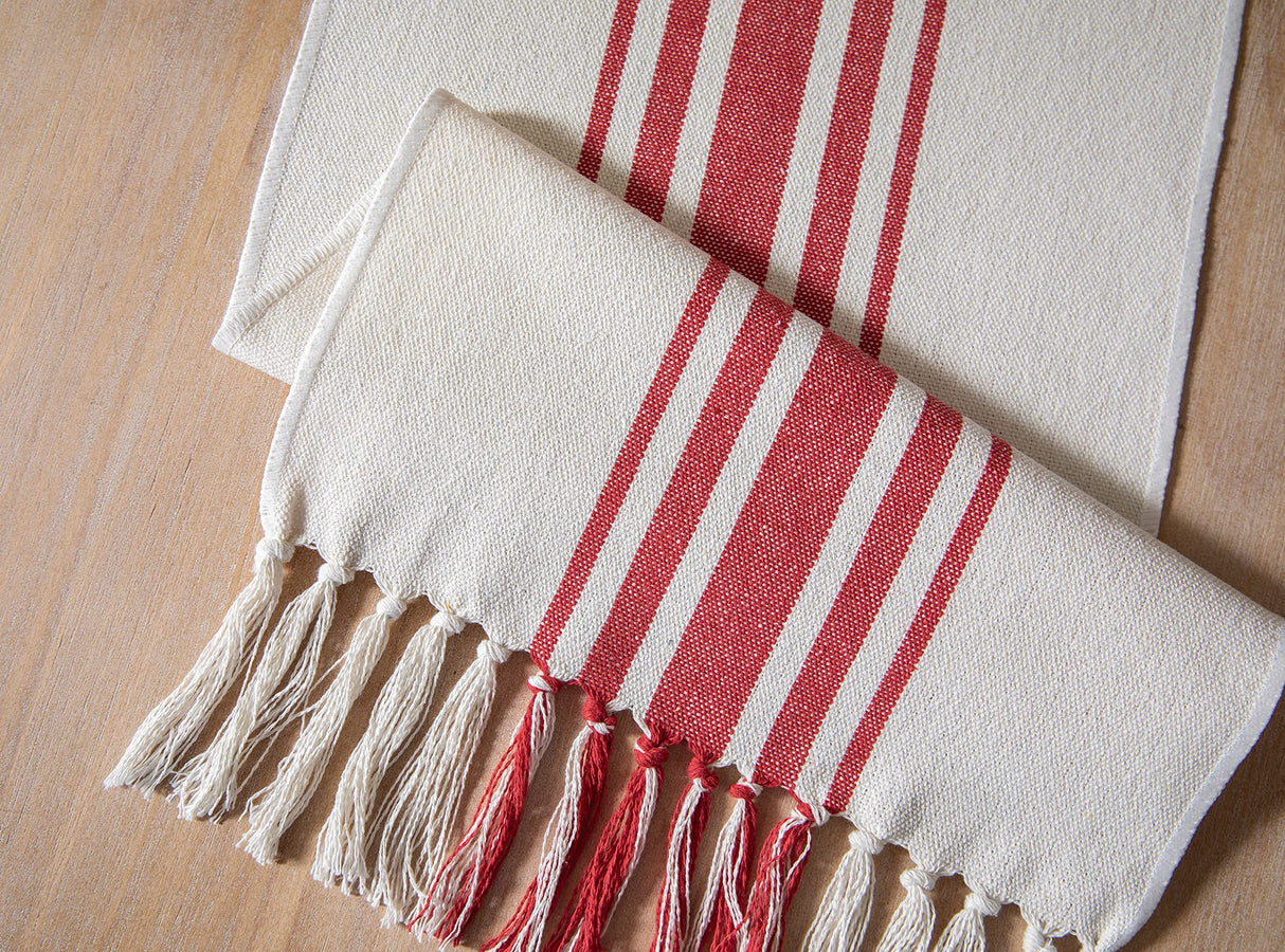 Christmas Table Runner 13 x 72 Inch for Dining Table, Boho décor Coffee Table Runner with Handcrafted Tassels, red and Beige Stripe Table Runner for Holiday, Winter Caflife