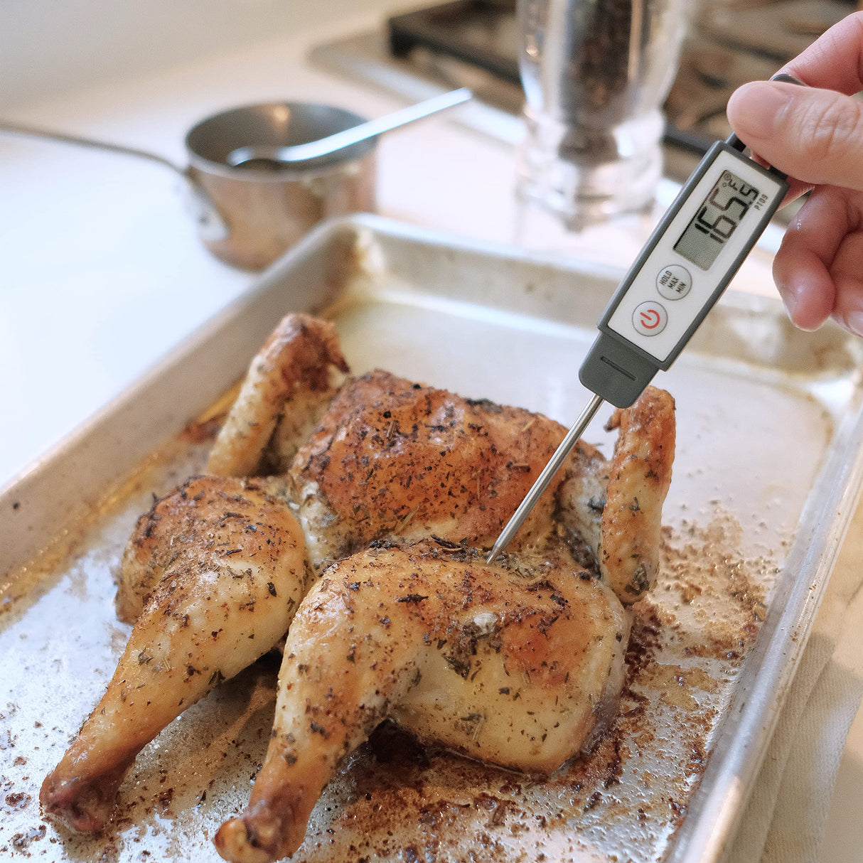 Lavatools PT09 Super-Quick Commercial Grade Digital Thermometer for Cooking, Meat, Candy, Candle, Liquid, Oil, 4.5" Compact Probe, Splash Proof, °C/°F Toggle, Hold Function - Sesame Lavatools