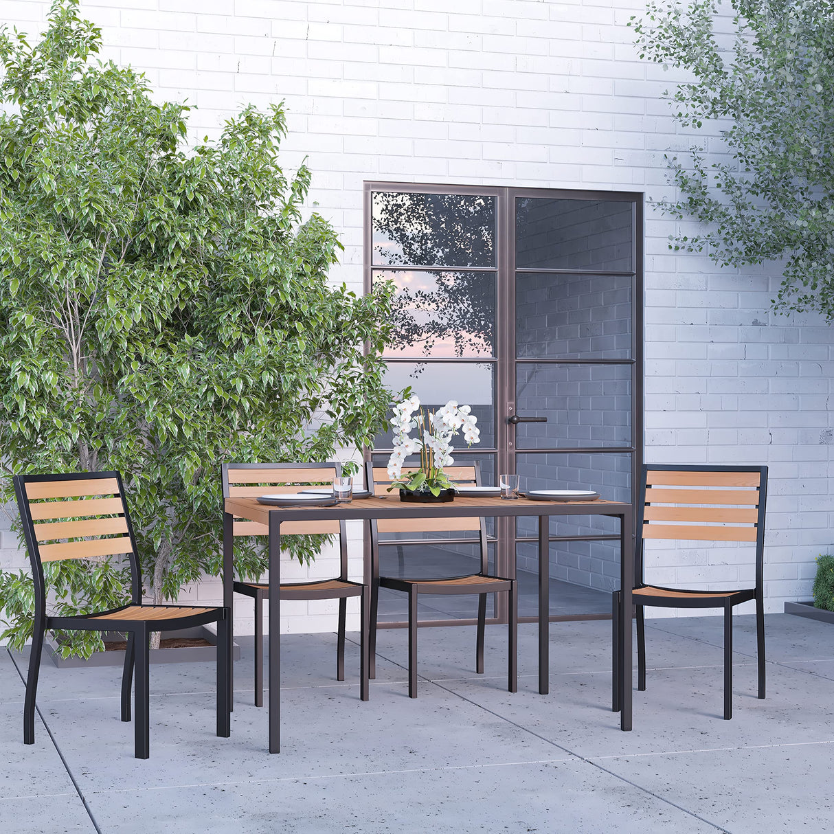 Merrick Lane Calle Patio Dining Set - Five Piece Set - Synthetic Teak Poly Slats - 30" x 48" Steel Framed Table with Umbrella Hole - 4 Club Chairs Merrick Lane