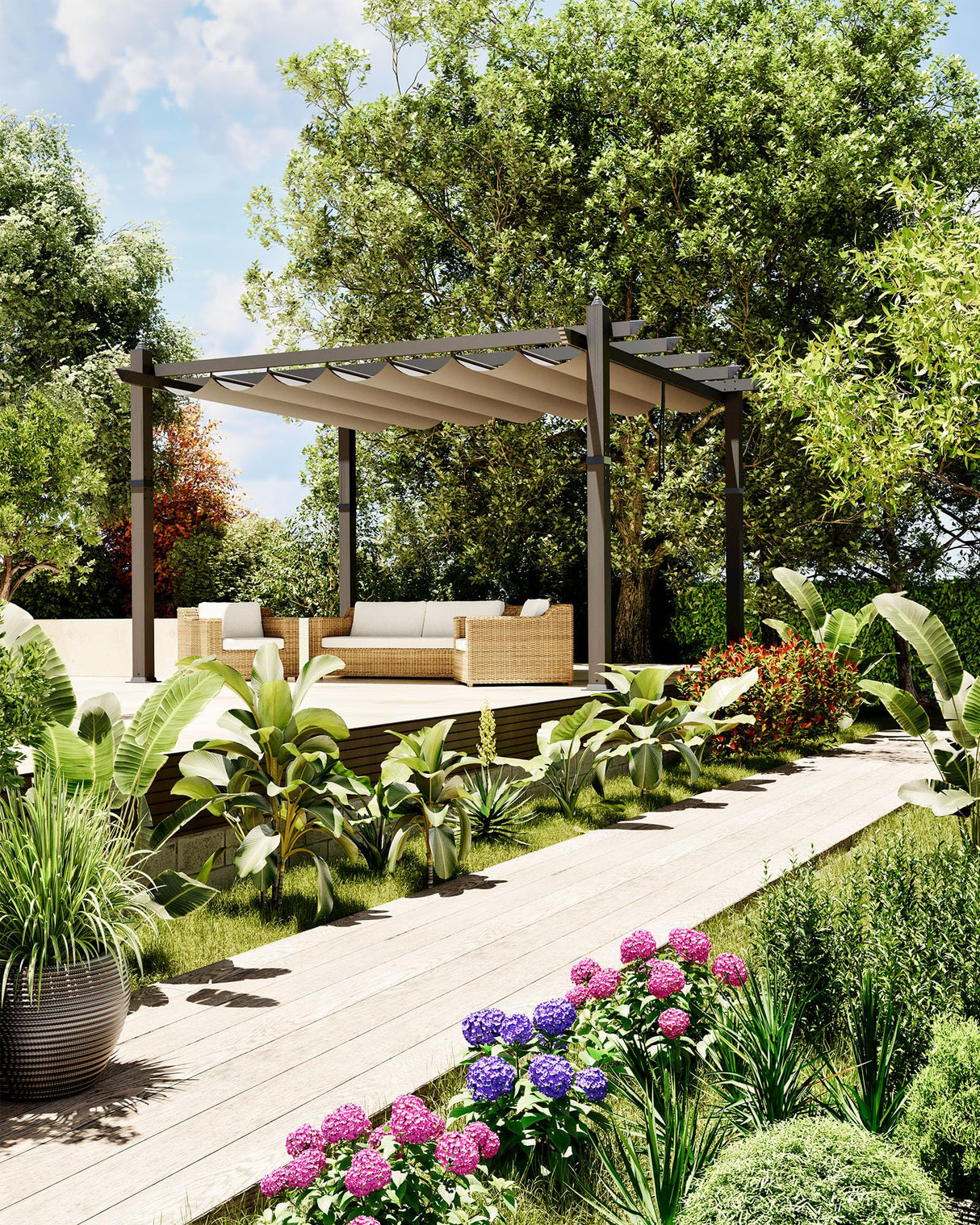 Garvee 10x13 Ft Aluminum Pergola with Retractable Canopy Metal Gazebo for Modern Backyard Deck Porch Grape Trellis(Khaki) Garvee