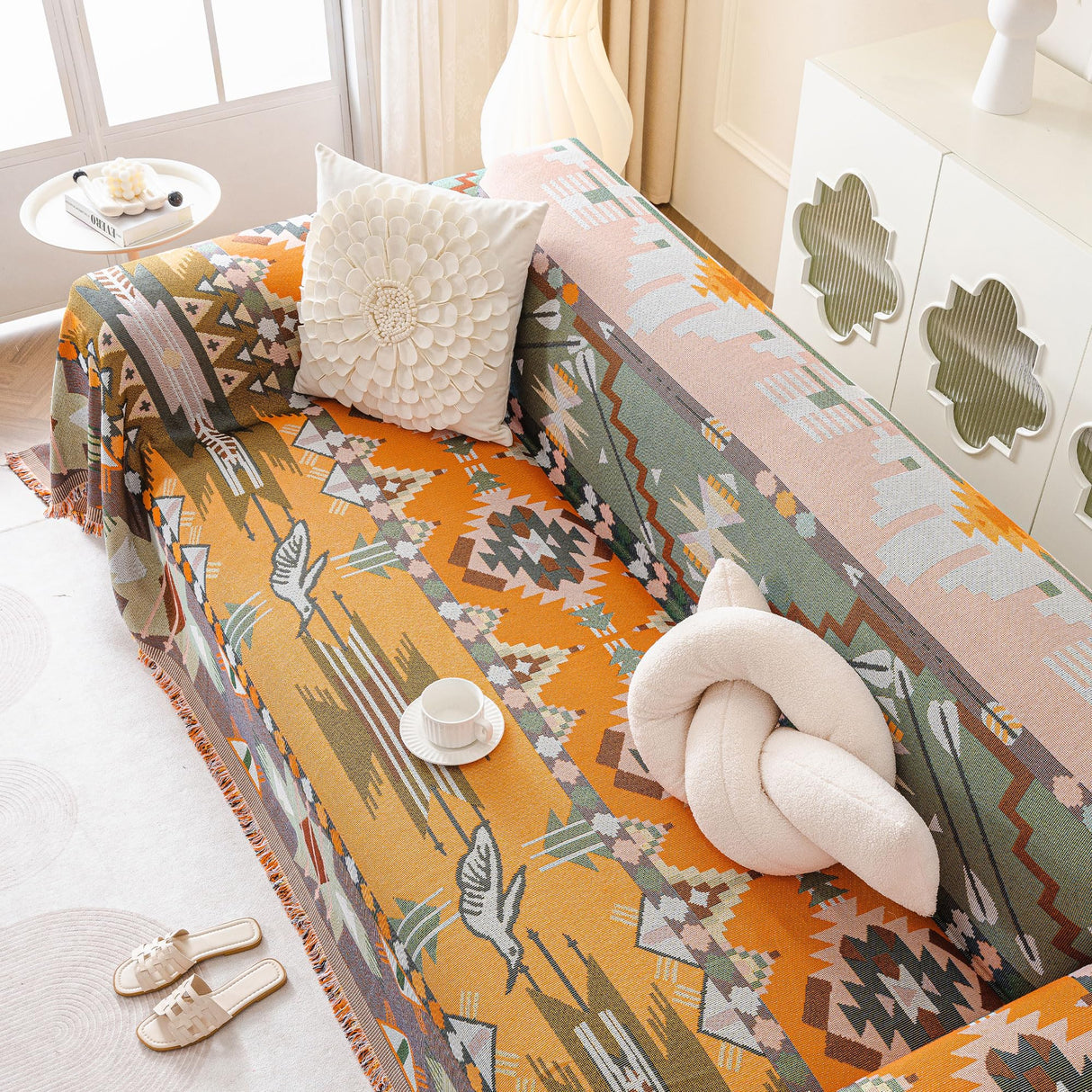 VClife Boho Sofa Covers, Sectional Couch Covers Breathable Cotton Linen Sofa Slipcover Washable Green Orange Geometry Sofa Couch Covers for L Shape Sofa - Farmhouse Sofa Covers with Tassel 71"x118" VClife