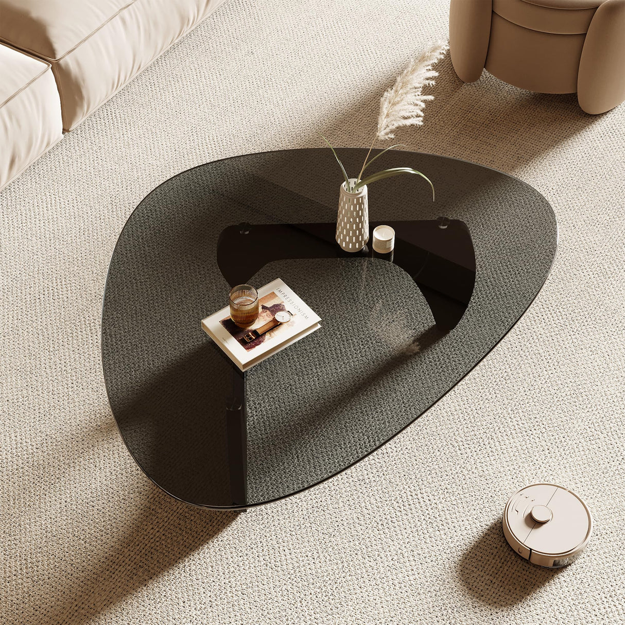 Honyee Morden Coffee Table, Tempered Glass Top Coffee Table with Wooden Legs, 42.5" x 28.5" x 16.1" Triangle Coffee Table for Living Room, Black Honyee