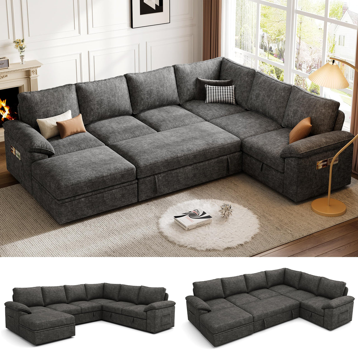 SUAWY 108 Inch Sectional Sleeper Sofa with Pull Out Bed,U Shaped 7 Seat Modular Sectional Sofa with Storage,Sectional Couches for Living Room,Cloud Modular Couch,Removable Sofa Cover,Dark Grey SUAWY