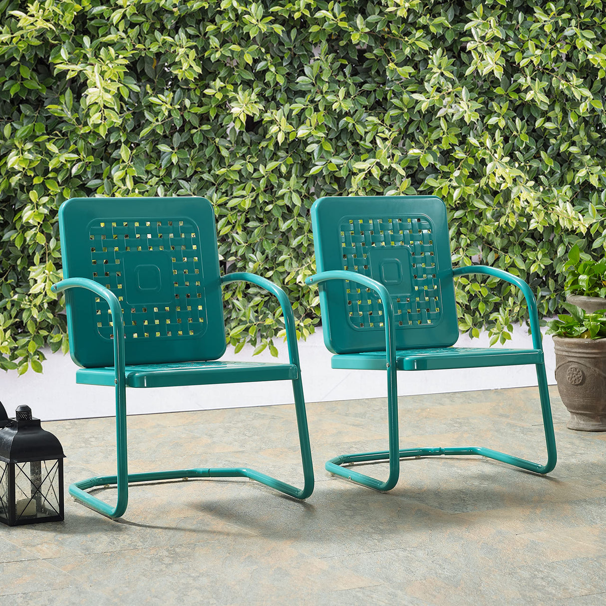 Crosley Furniture Bates 2-Piece Outdoor Chair Set, Retro Metal Patio Chairs for Dining, Porch, Deck, Balcony, Turquoise Gloss Crosley Furniture
