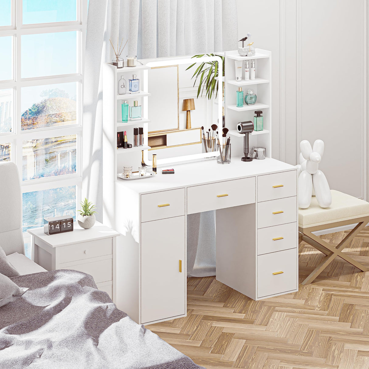 VoirStar Vanity Desk with Mirror & Light, Makeup Vanity with Lights, 6 Drawers Makeup Table with Mirror, 3 Lighting Colors, Dressing Table, Large Storage Vanity Desk with Shelf, White VoirStar