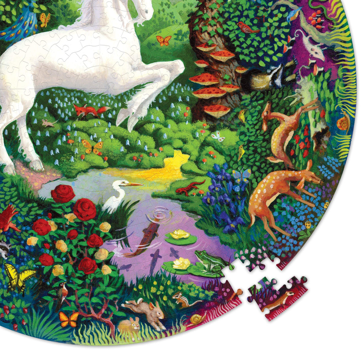 eeBoo's Piece and Love Unicorn Garden 500 Piece Round Circle Jigsaw Puzzle eeBoo