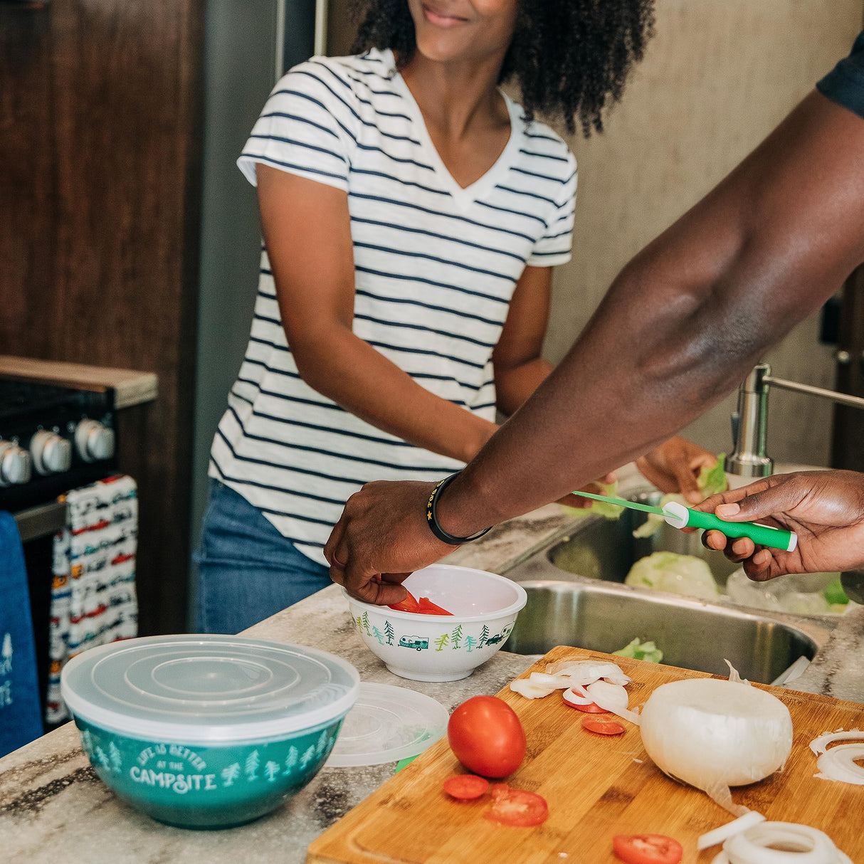 Camco Bamboo Cutting Board with Counter Edge | Perfect for Vegetables, Fruits, Meats, and Cheeses | Measures 18-inches x 14-inches x 1-3/4-inches (43545), Brown Camco