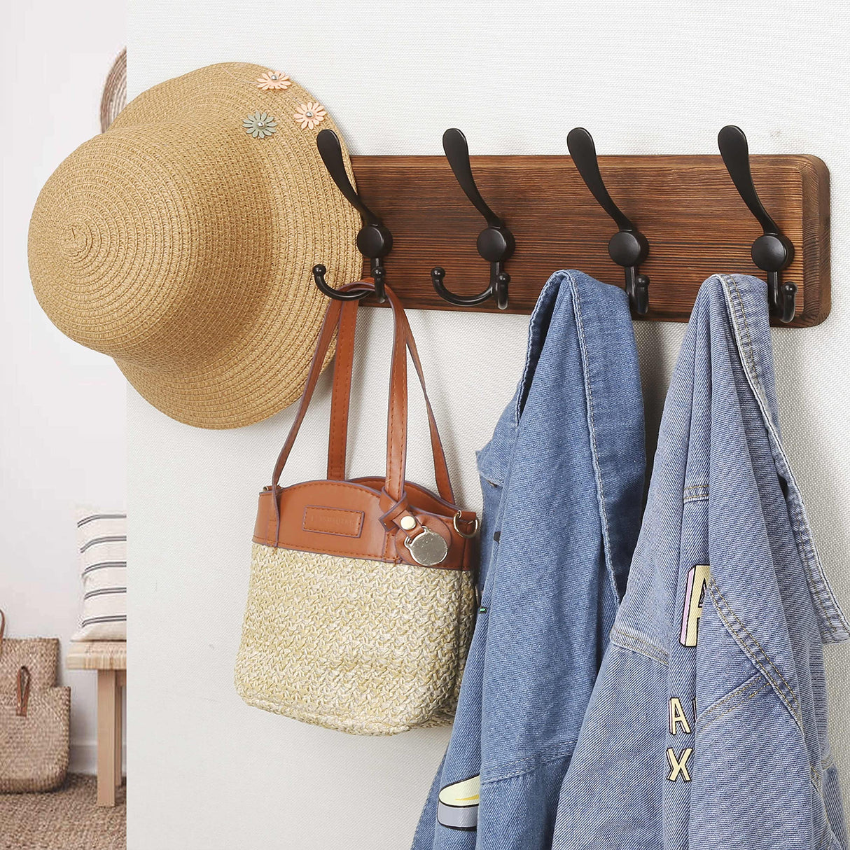 Dseap Coat Rack Wall Mounted - 5 Tri Hooks, Heavy Duty, Wooden Wall Coat Hanger Coat Hook for Clothes Hat Jacket Clothing, Natural & Black Dseap