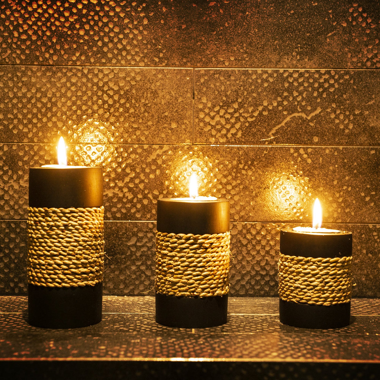IYARA CRAFT Tealight Candle Holders with Candle Tray Set of 3 Decorative Candle Holders Matte Wood Finish with Small Rope Decoration IYARA CRAFT