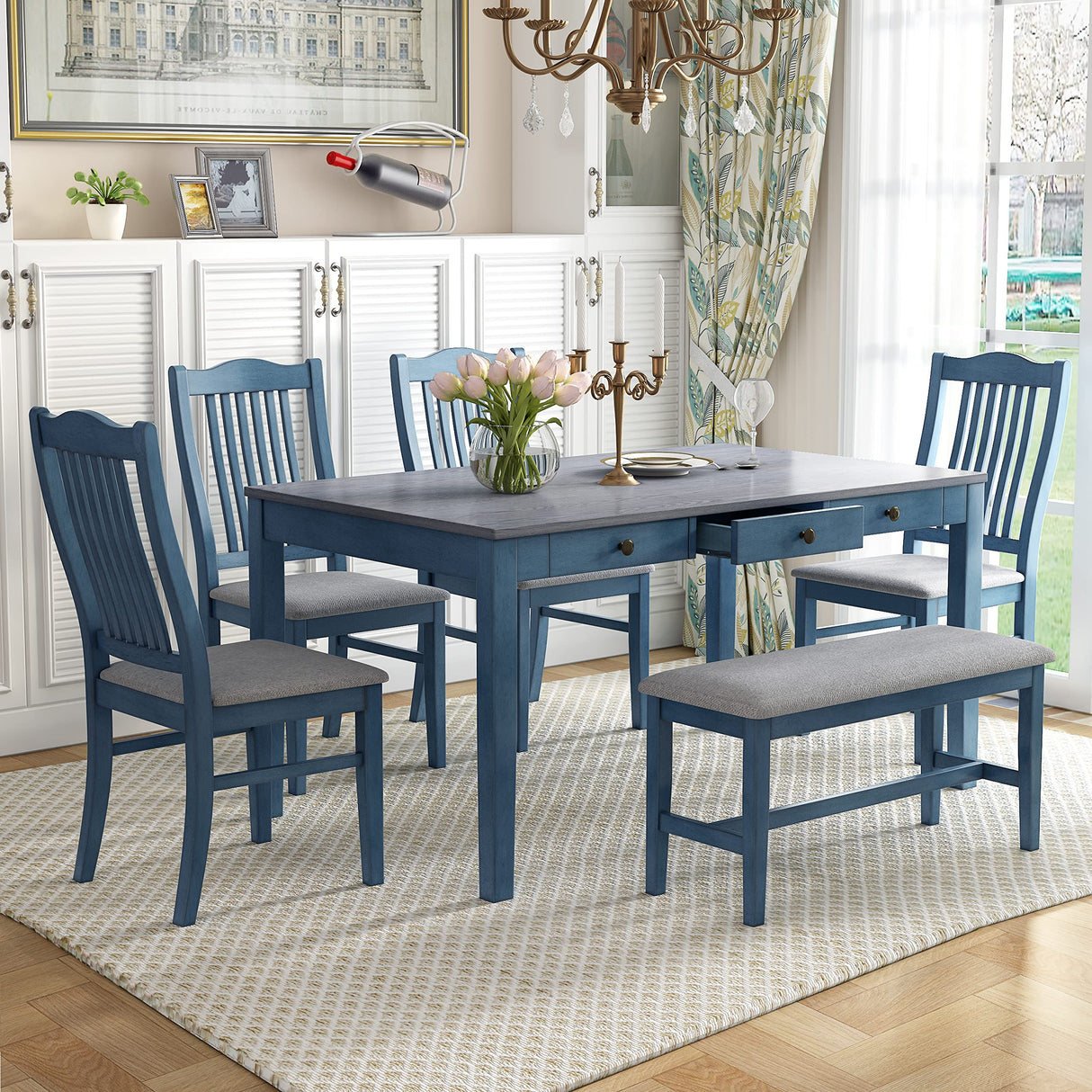 LUMISOL 6-Piece Wooden Dining Set, Farmhouse Kitchen Table Set with 4 Upholstered Chairs, Bench and Storage Drawers for Kitchen, Dining Room, Living Room, Antique Blue LUMISOL