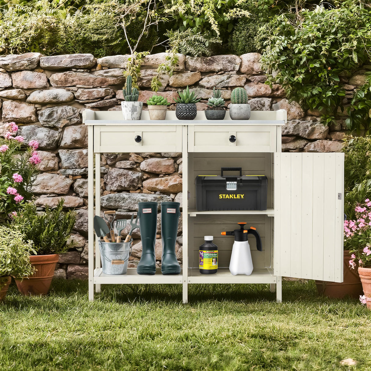 Outdoor Potting Bench with Storage Cabinet & Metal Tabletop, Garden Work Table, Wood Planting Workstation for Patio, w/Drawer HABAU